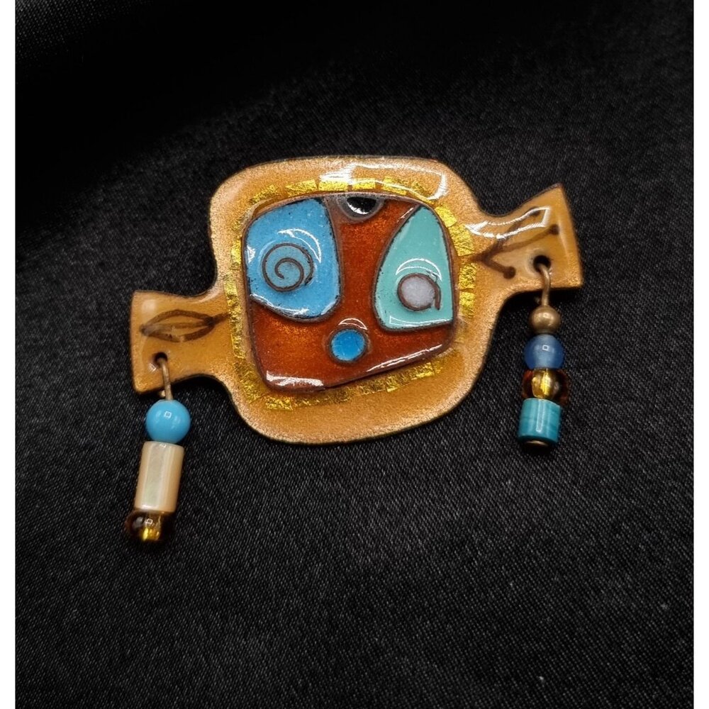 Rare Find Vintage M.Johnson Ceramic Abstract Brooch With Beaded Dangles
